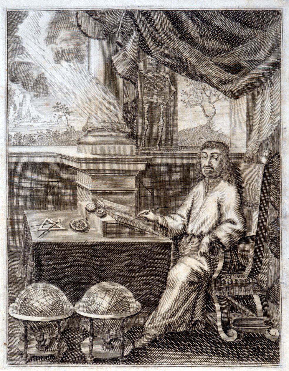René Descartes (1596 - 1650) az irodájában tudományos felszereléssel. 17. századi metszet. alkotó: Unknown artist
