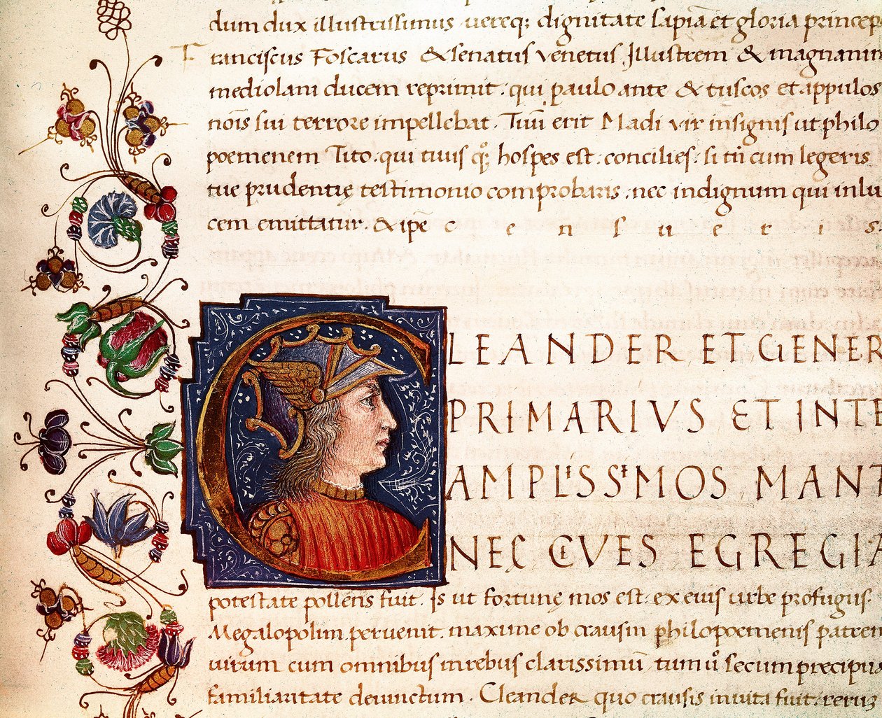 Nagy Sándor (Kr. e. 356-323) macedoina király ábrázolása Miniatűr a Plutarkhosz (i.sz. 46-125) „” Párhuzamaiból””” (MS. XV. 1) XV. század. Cesena, Biblioteca Malatestiana alkotó: Unknown artist