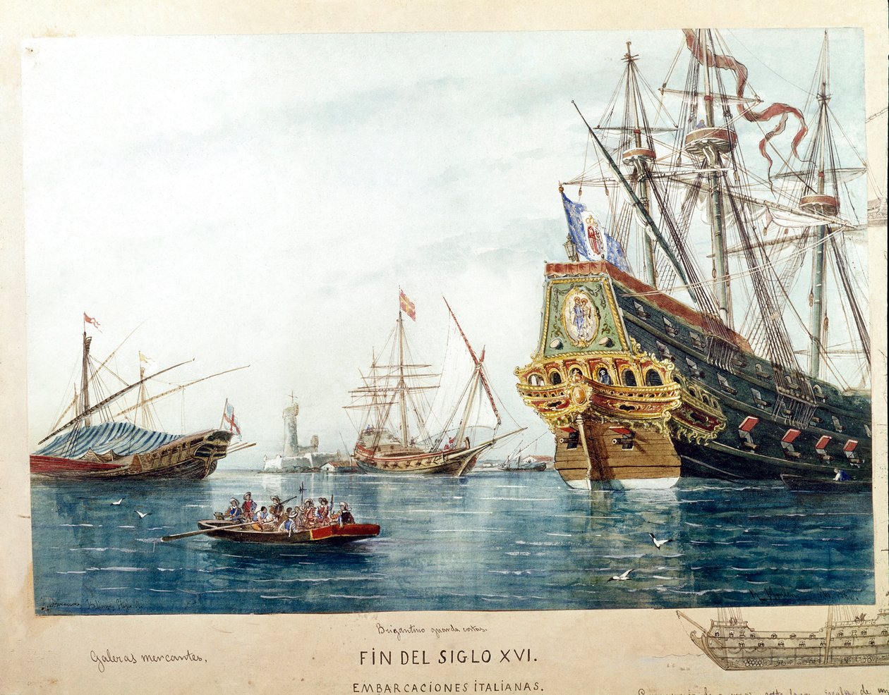 századi olasz hajók, galériák, brigantin ábrázolása (akvarell alkotó: Unknown artist