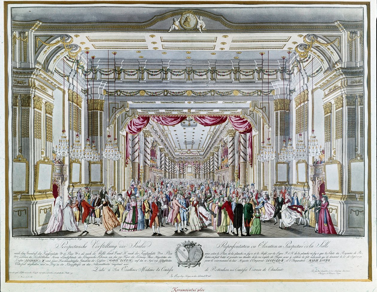 A „La Clemenza di Tito” (La Clemence de Titus) ábrázolása Wolfgang Amadeus Mozart (1756-1791) II. Lipót császár (1747-1792) osztrák király koronázási ünnepén, 1791-ben a színház színházában. Prága királyi utcája. Prágai Múzeum alkotó: Unknown artist