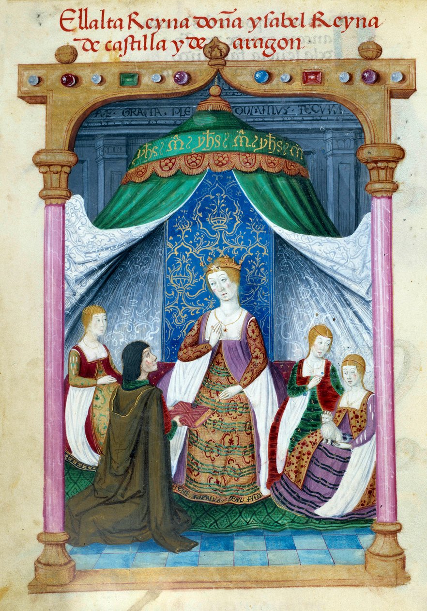 Izabella portugál királynő Aragóniai Izabella (1271-1336) ábrázolása társaival és Pedro Marcuelloval körülvéve, aki felajánlja neki a könyvét. A kézirat oldala a „Folle Joan királynő (1479-1555) spanyolországi áhítat gyűjteményéből” alkotó: Unknown artist