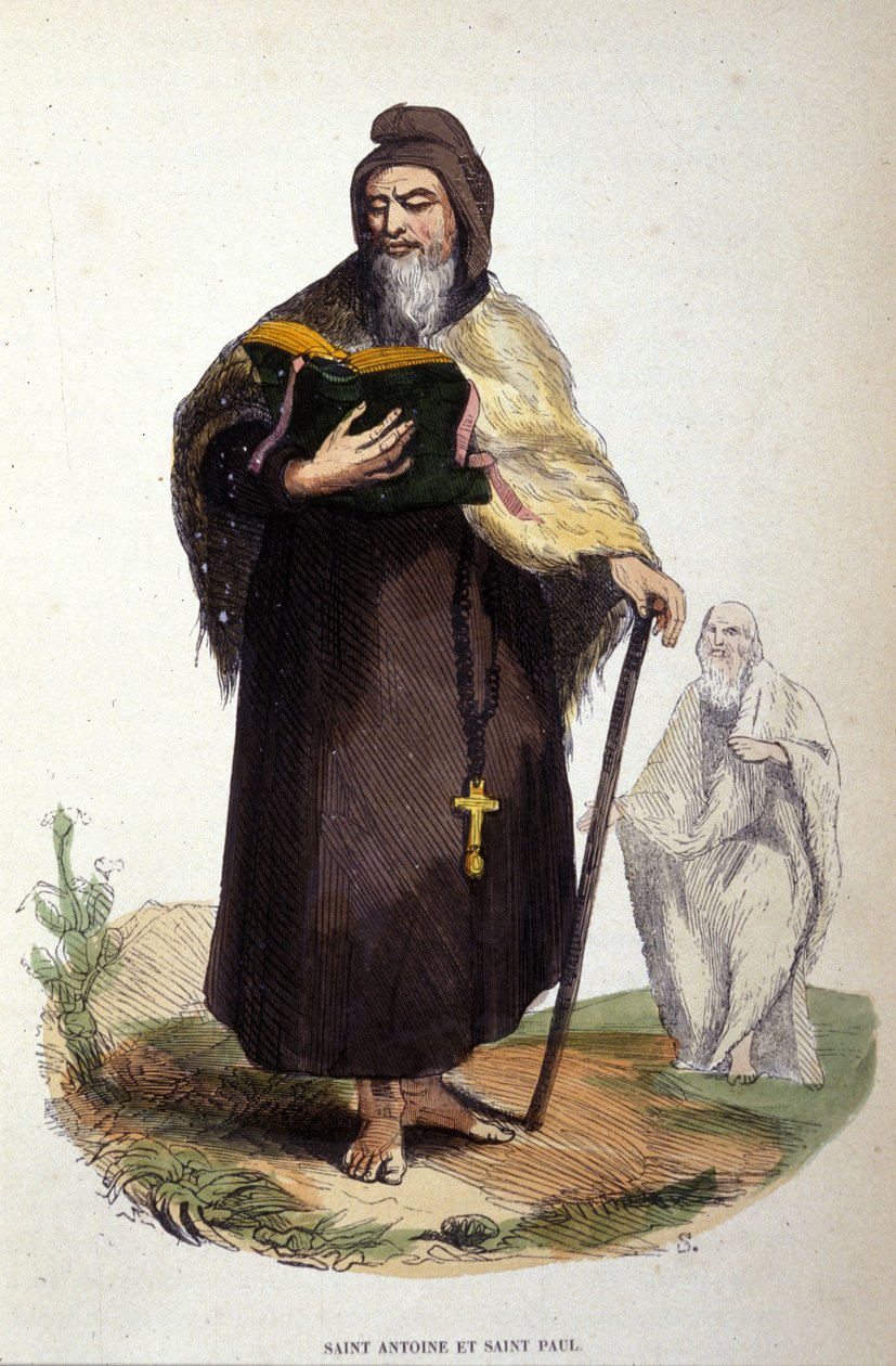 Nagy Szent Antal, az egyiptomi anachoreta (251-356), a keresztény eremitizmus megalapítója és Thébai Szent Pál ábrázolása (a thébaidei Szent Antal előtt járt volna). századi metszet. alkotó: Unknown artist