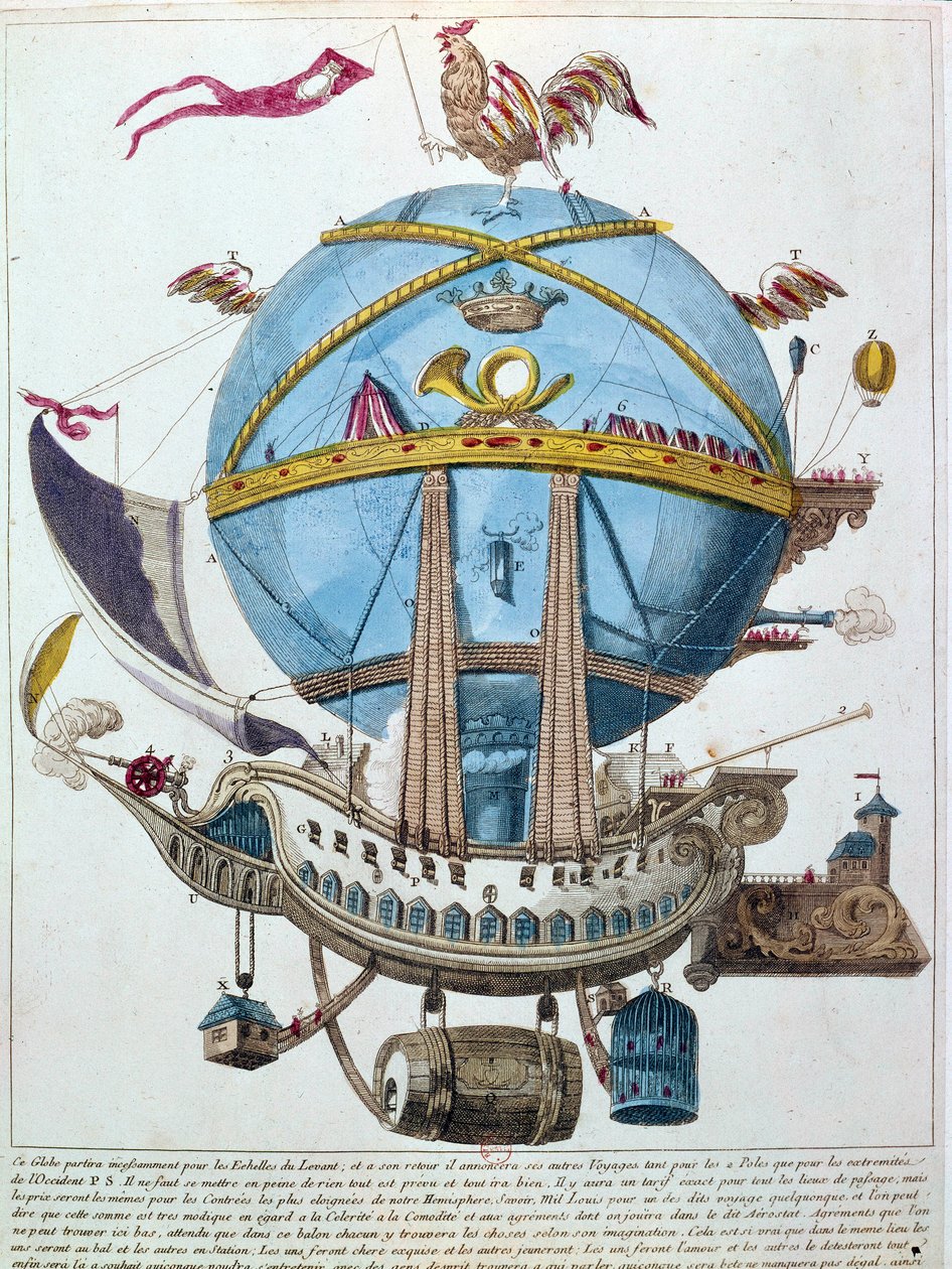Egy léggömbben tett utazás ábrázolása, szatirikus metszet a XVIII. alkotó: Unknown artist
