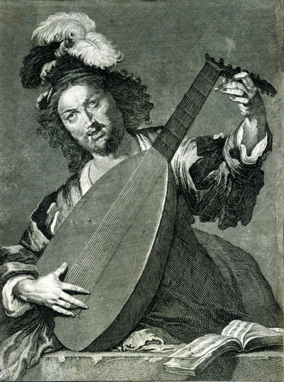 A hangszerét hangoló lantos ábrázolása. alkotó: Unknown artist