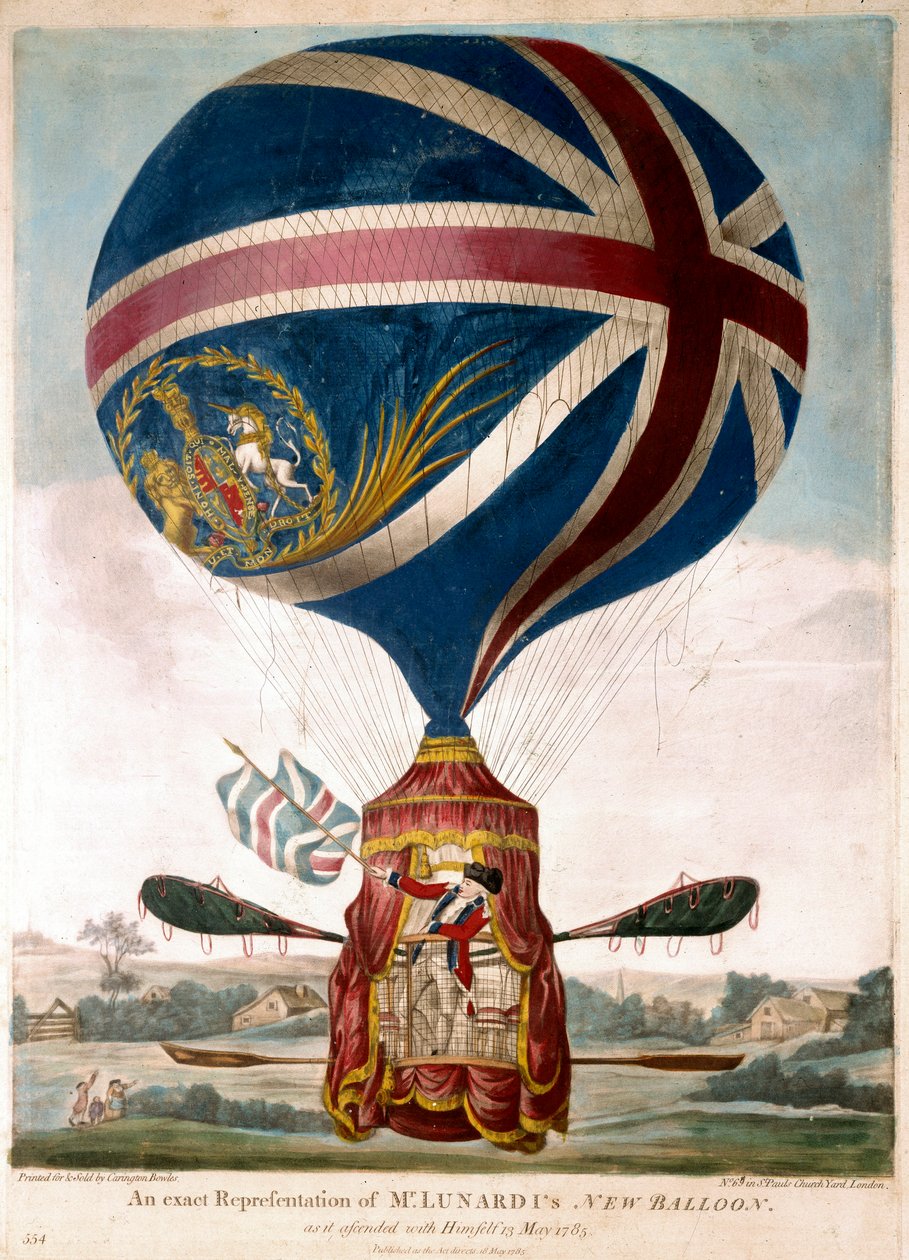 Vincenzo Lunardi egy új léggömböt ábrázol 1785.05.13-án, ő volt az első, aki 1783-ban repült át Anglia felett. Az aerosztát vászna az Union Jack dekorációja. Metszet 1785 körül. Magángyűjtemény alkotó: Unknown artist