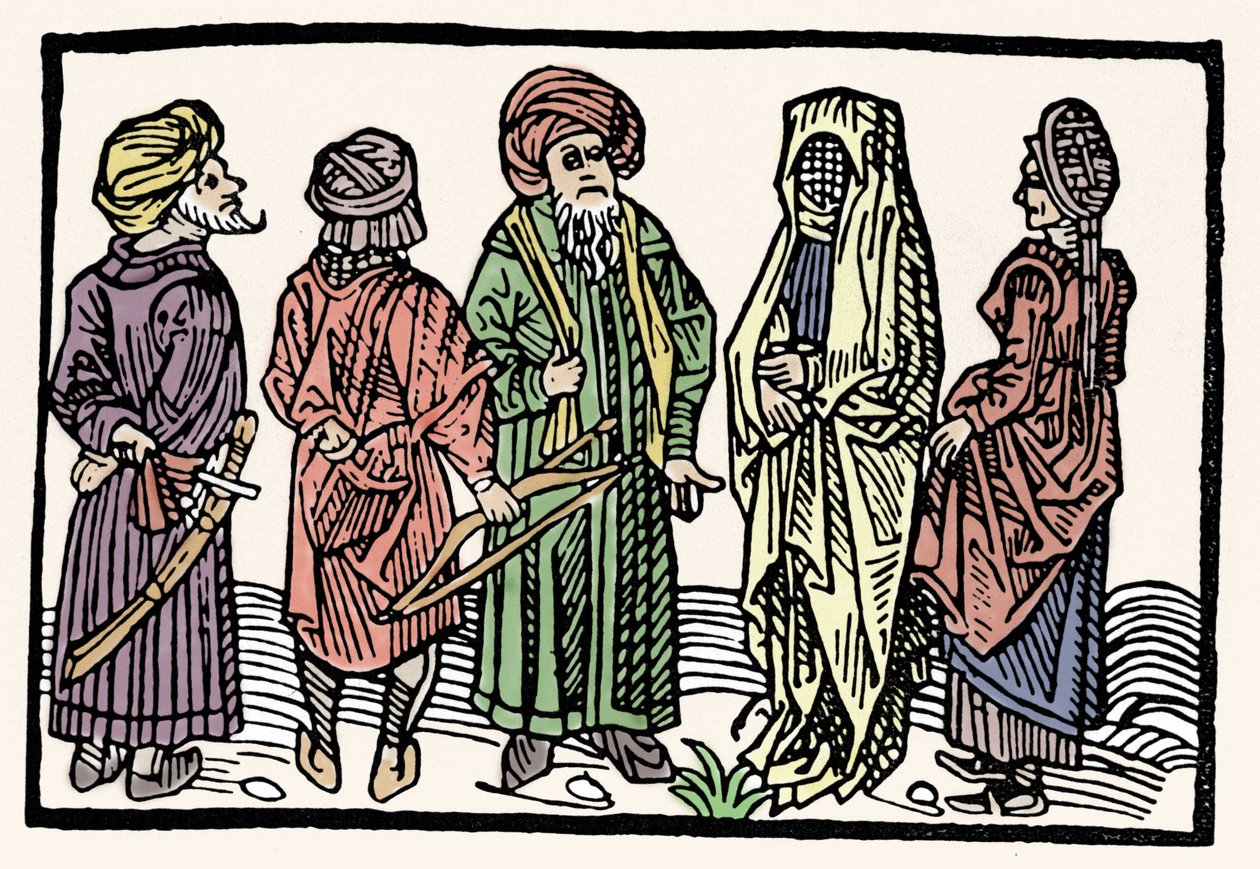 A hajdina ábrázolása. Összefont fejű karú férfiak és fátyolos nők. Xilográfia a 15. századról alkotó: Unknown artist