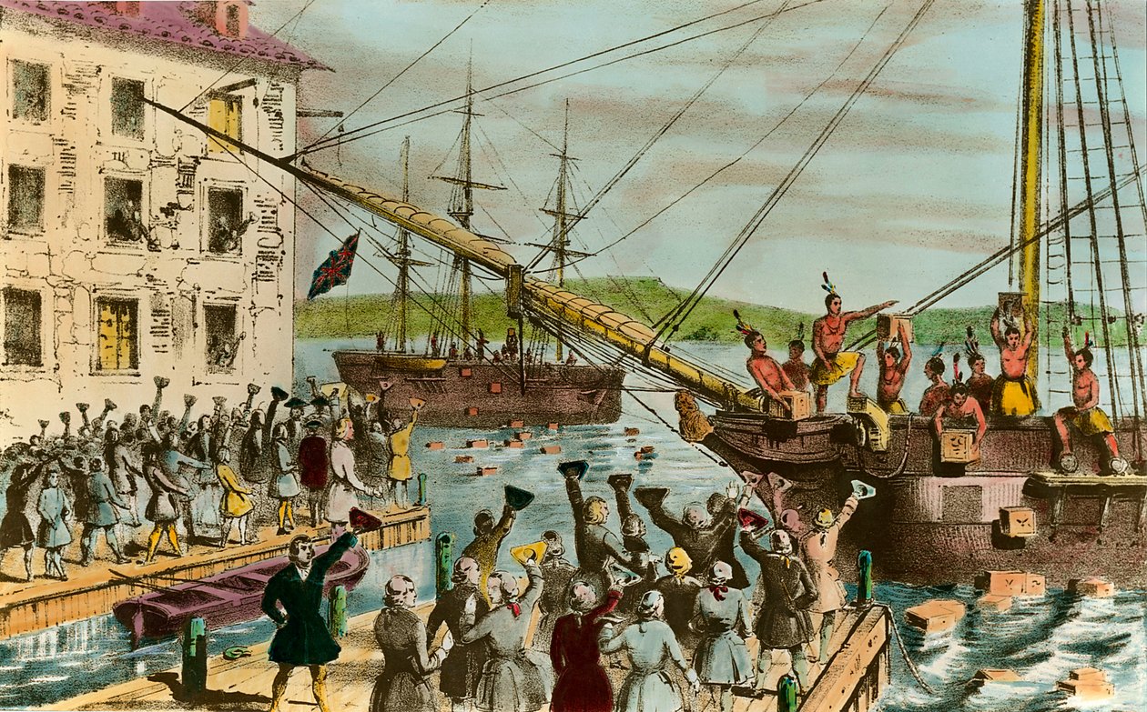A Boston Tea Party képviselete: az Egyesült Államok függetlenségi háborúja idején: (brit származású) amerikai telepesek lázadása az angol parlament által a teára és más élelmiszerekre kivetett adók ellen. Megutálták magukat indiánnak és c alkotó: Unknown artist