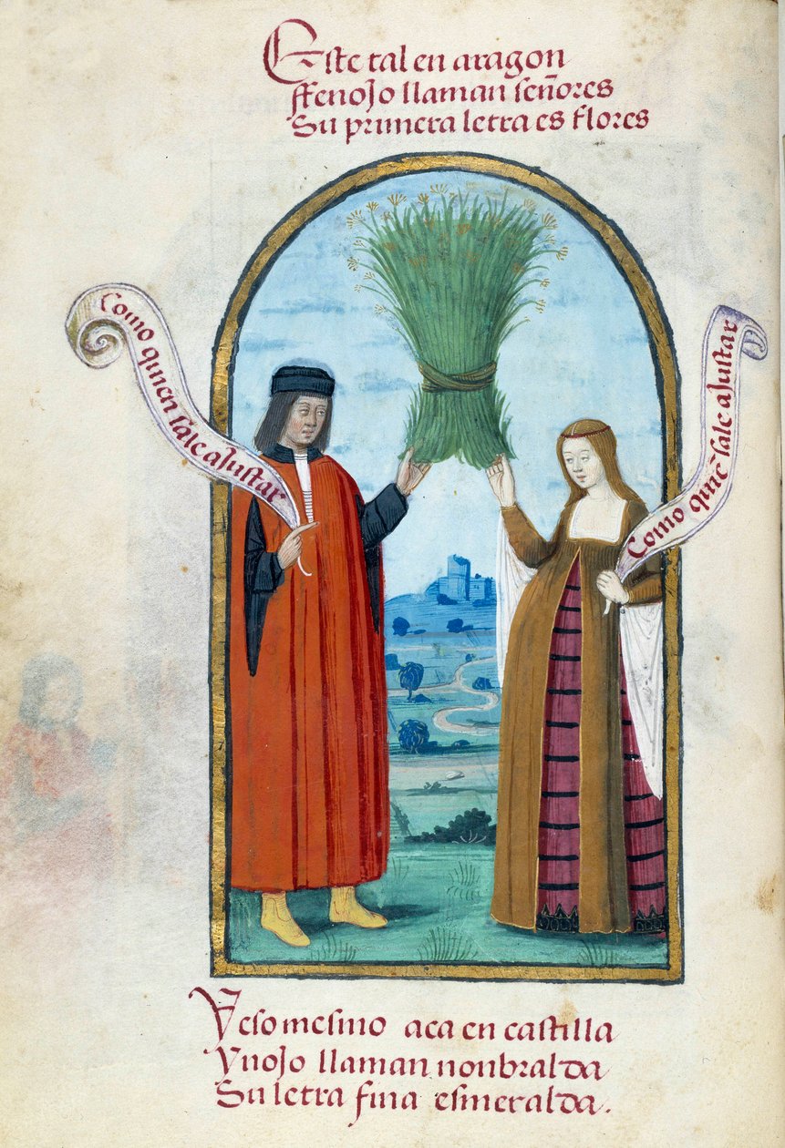 II. Ferdinánd (1452-1516) és Kasztíliai I. Izabella (1451-1504) katolikus királyok ábrázolása vadkömény csizmával. A kézirat oldala Pedro Marcuello „” Folle Joan királynő (1479-1555) spanyolországi áhítat gyűjteményéből” alkotó: Unknown artist