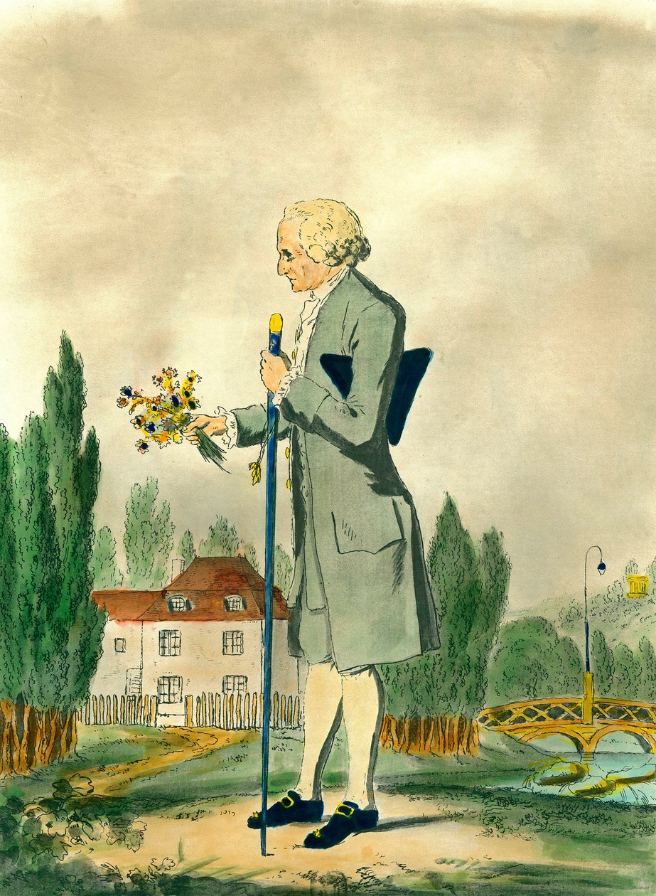 Jean Jacques Rousseau (1712-1778) svájci filozófus Ermenonville-ben virágot szedő ábrázolása. 18. századi metszet. Magángyűjtemény. alkotó: Unknown artist