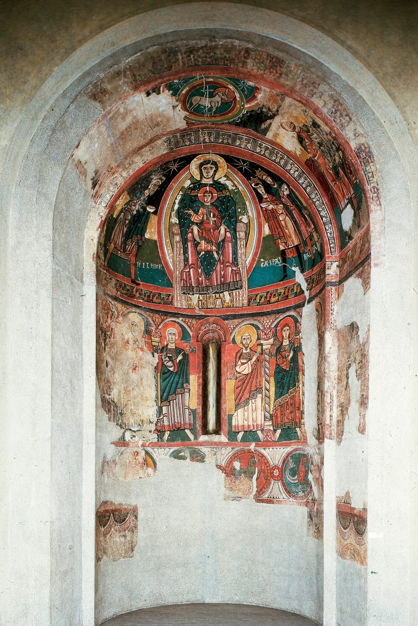 A Szűz és a Gyermek ábrázolása a mágus királyok által körülvéve. Freskó a Santa Maria templom központi apszisából. 1123 körül. Barcelona. Katalónia Nemzeti Művészeti Múzeum alkotó: Unknown artist