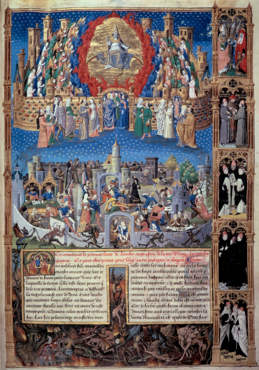 Isten városának (celeste) és az emberek városának (földi) ábrázolása Miniatűr a „De civitate dei”-ből (Isten városa) vett Hippói Szent Ágoston (354-430), Raoul de Presles fordítása kb. 1480. Macon Városi Könyvtár alkotó: Unknown artist