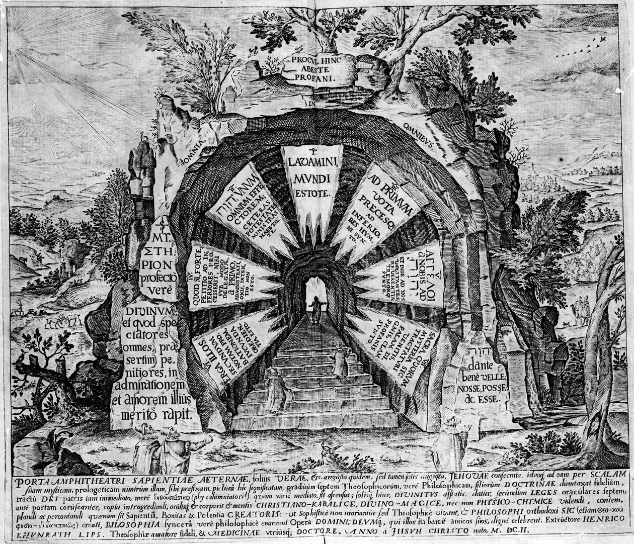 A Misztériumok Háza bejáratának ábrázolása, az örök élet jelképe. Az „Amphitheatrum sapientiae aeternae” metszete. (Az örök bölcsesség amfiteátruma) [Hamburg: s.n. alkotó: Unknown artist