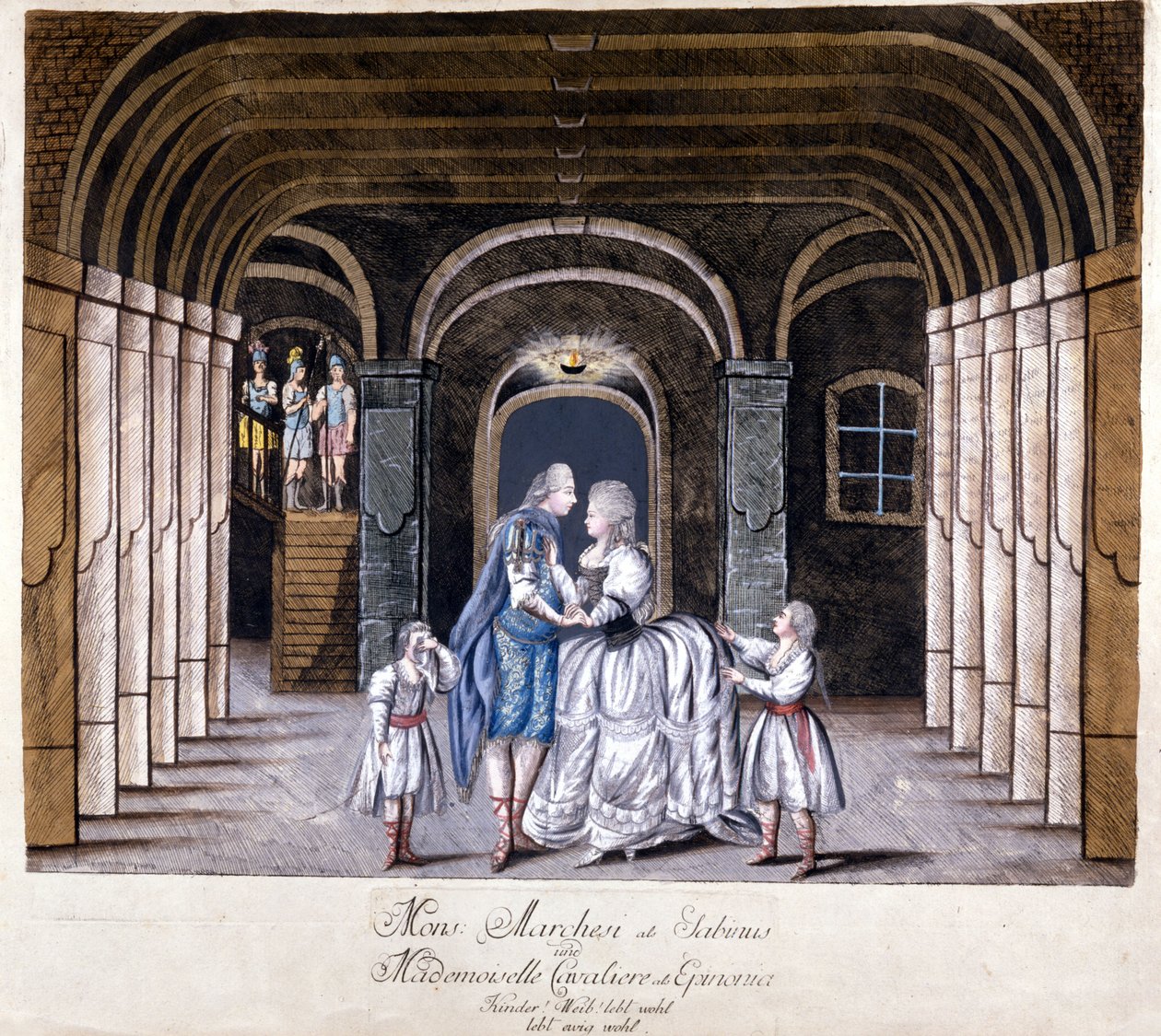 Giuseppe Sarti (1729-1802) „Giulio Sabino” című operájának bemutatása Bécsben 1785-ben. A színpadon Caterina (Katharina) Cavalieri és a kasztrált Luigi Marchesi. Milánó alkotó: Unknown artist