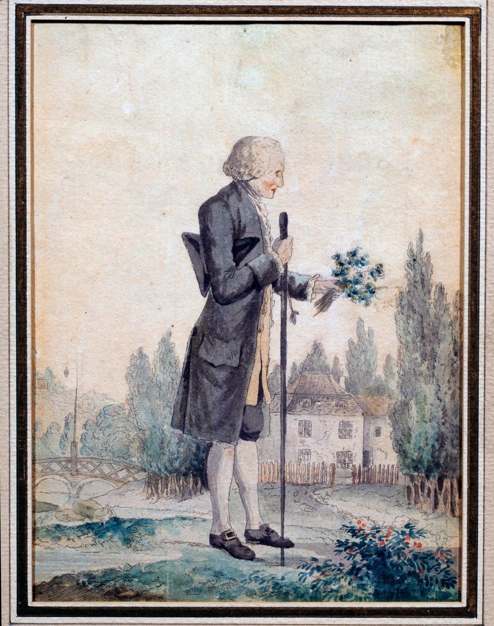 Jean Jacques Rousseau (1712-1778) filozófus ábrázolása, aki Ermenonville-ben virágot szed. 18. századi akvarell. Párizs, Musee Carnavalet alkotó: Unknown artist