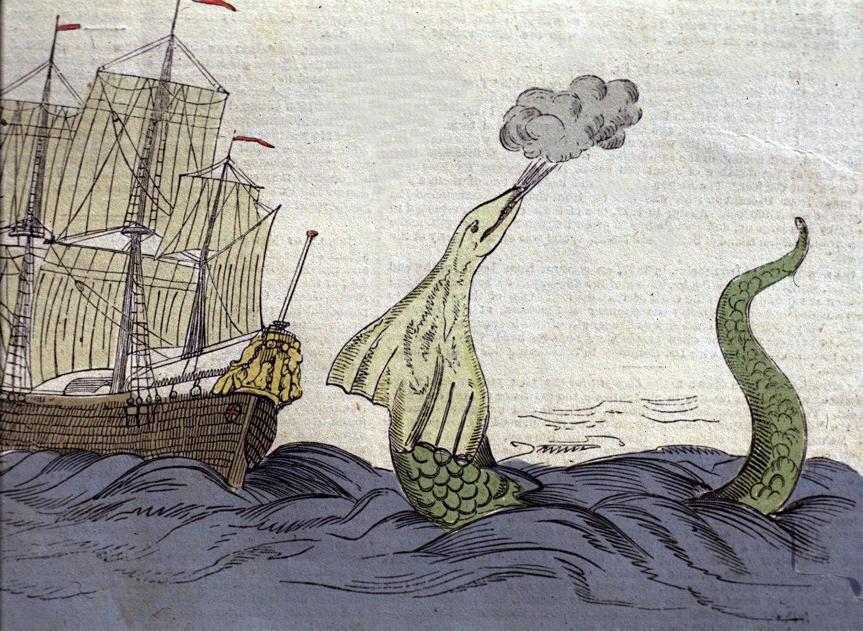 A tengeri kígyó ábrázolása, amelyet Hans Egede norvég misszionárius (1686-1758) látott grönlandi útja során. 18. századi metszet alkotó: Unknown artist