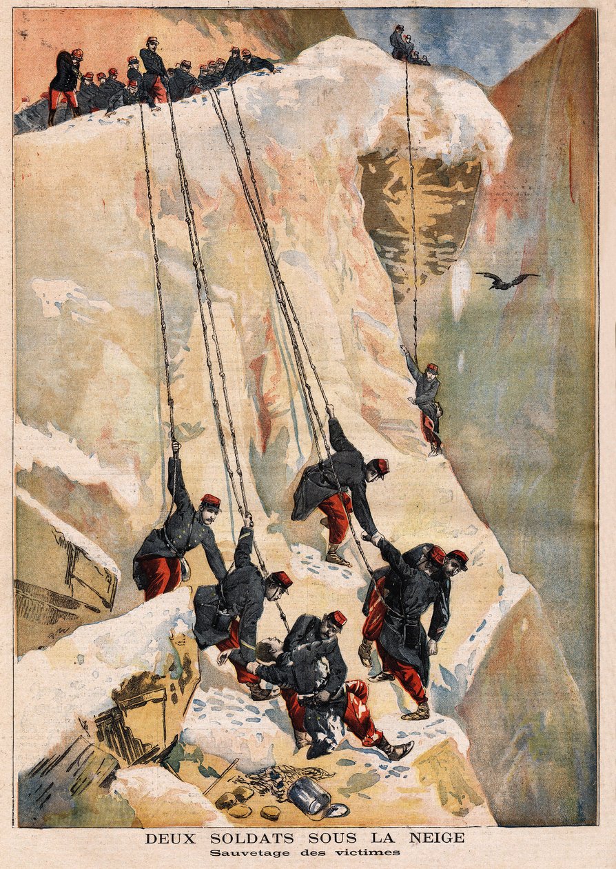 A 97. vonalezred 2 katonájának mentése, határőrizeti küldetésben, a tavaszi hóolvadás okozta lavina áldozatai. Metszet a „” Le petit Journal”-ban, 1894.05.14. Selva gyűjteménye. alkotó: Unknown artist