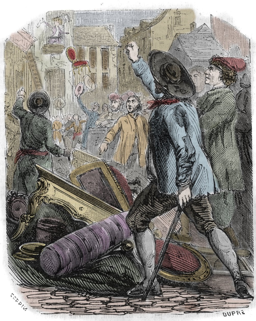 Reveillon zavargások 1789. április 26. és 29. között következtek be – Francia forradalom: Reveillon-ügy – „” A festékgyártás kifosztása Jean Baptiste de Reveillon le 28 avril 1789” Egy párizsi zavargás kifosztotta a rue du Faubourg saint Antoine gyárat. alkotó: Unknown artist