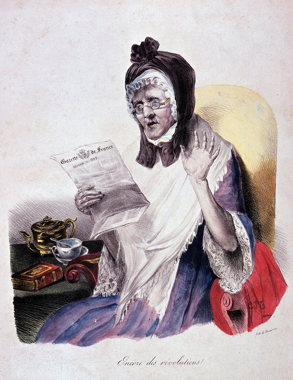 1830-as forradalom: „Encore des revolutions” – kiáltja egy idős nő a Gazette de France-t olvasva – metszet alkotó: Unknown artist