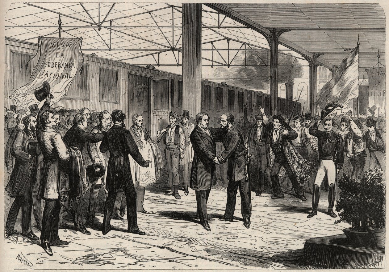 1868. szeptemberi forradalom Spanyolországban (Gloriosa): Salustiano Olozagától (1805-1873) érkezik Madridba. Metszet a „” L