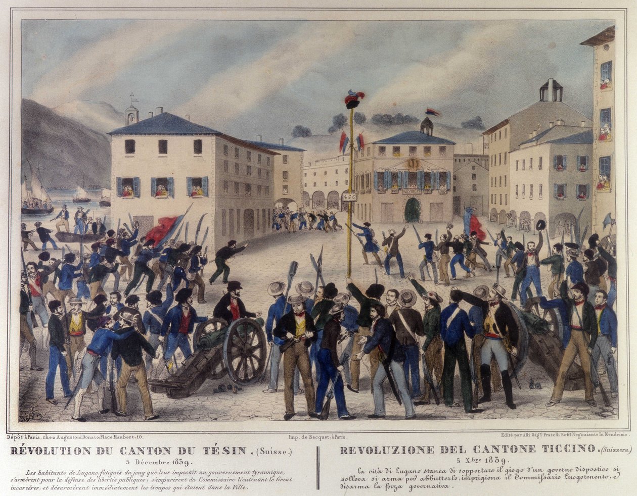 A svájci Ticino kanton forradalma 1859. december 5-én. 19. századi metszet. alkotó: Unknown artist