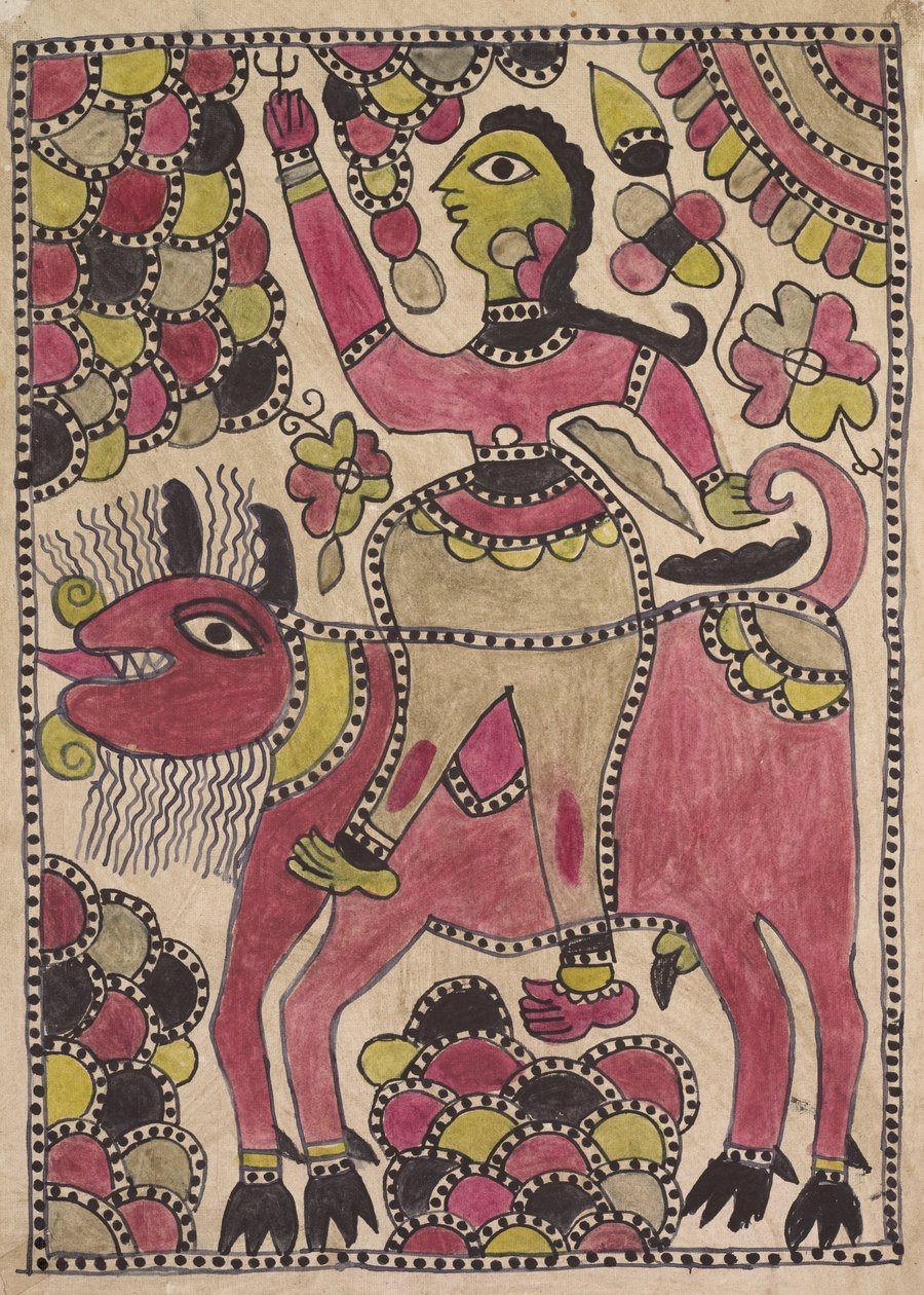 Rider és négylábú szarvasmarha lény mályva, chartreuse és fekete színben alkotó: Unknown artist