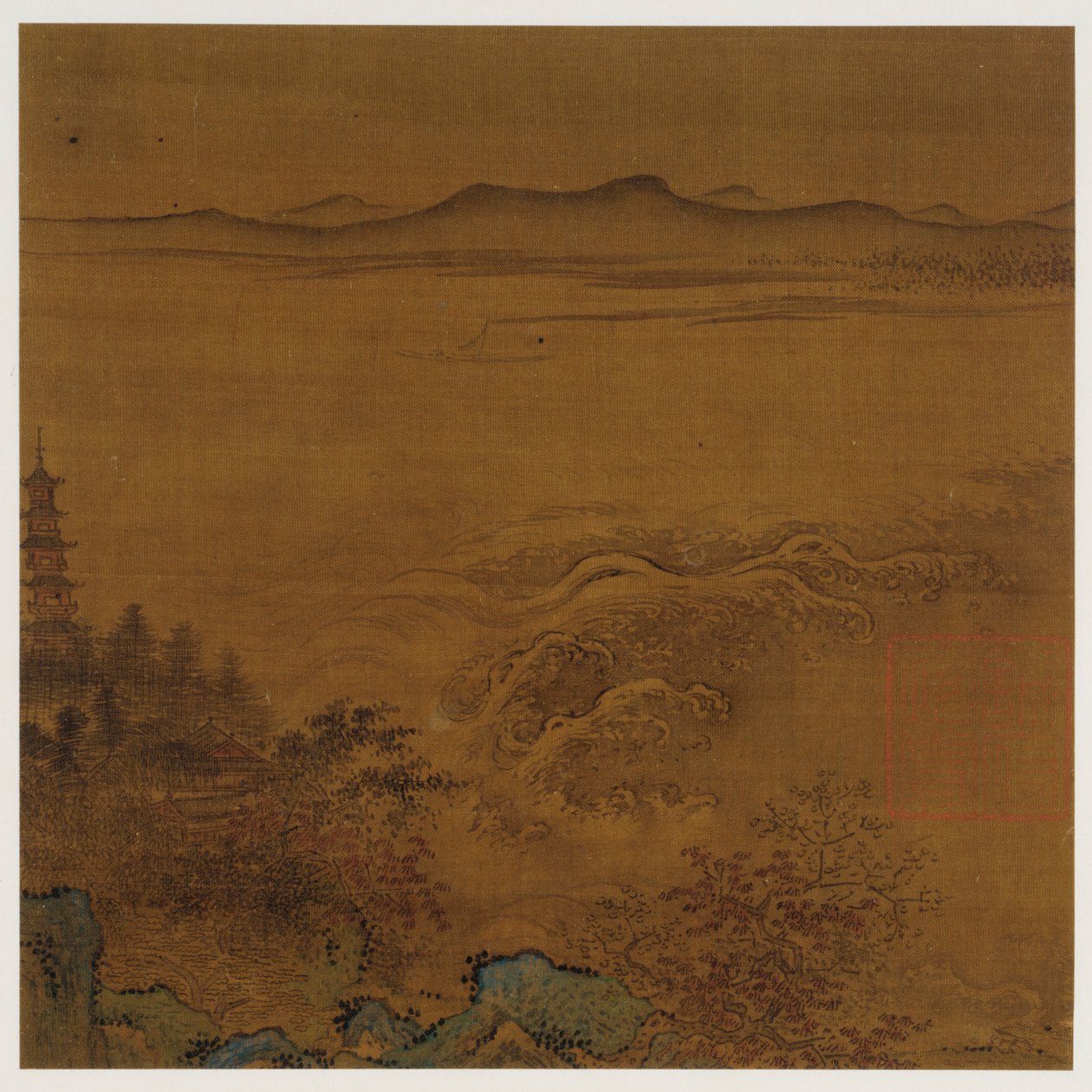 Folyói táj: pagoda, habzó zuhatag, távoli dombok alkotó: Unknown artist