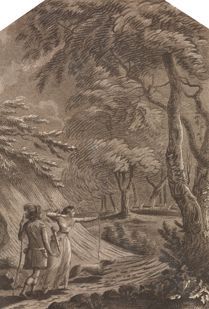Robin Hood és Clarinda szarvasra vadásznak egy erdős tájon alkotó: Unknown artist