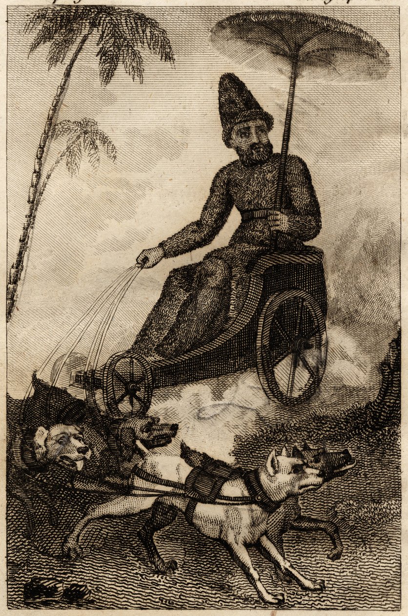 Robinson Crusoe a szekerén hat doguval, Daniel Defoe „Les Aventures de Robinson Crusoe” című metszetével alkotó: Unknown artist