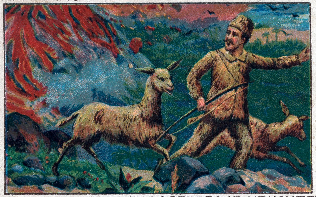 Robinson megszökik egy vulkáni robbanás elől. Illusztráció Daniel Defoe (De foe) „” Robinson Crusoe”” című könyvéhez. A 19. század végének kromolitográfiája. alkotó: Unknown artist