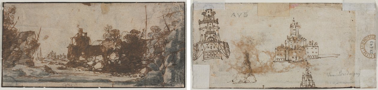 Rocky Inlet csónakokkal és épületekkel (recto); Vázlatok a kastélyokról (verso) alkotó: Unknown artist