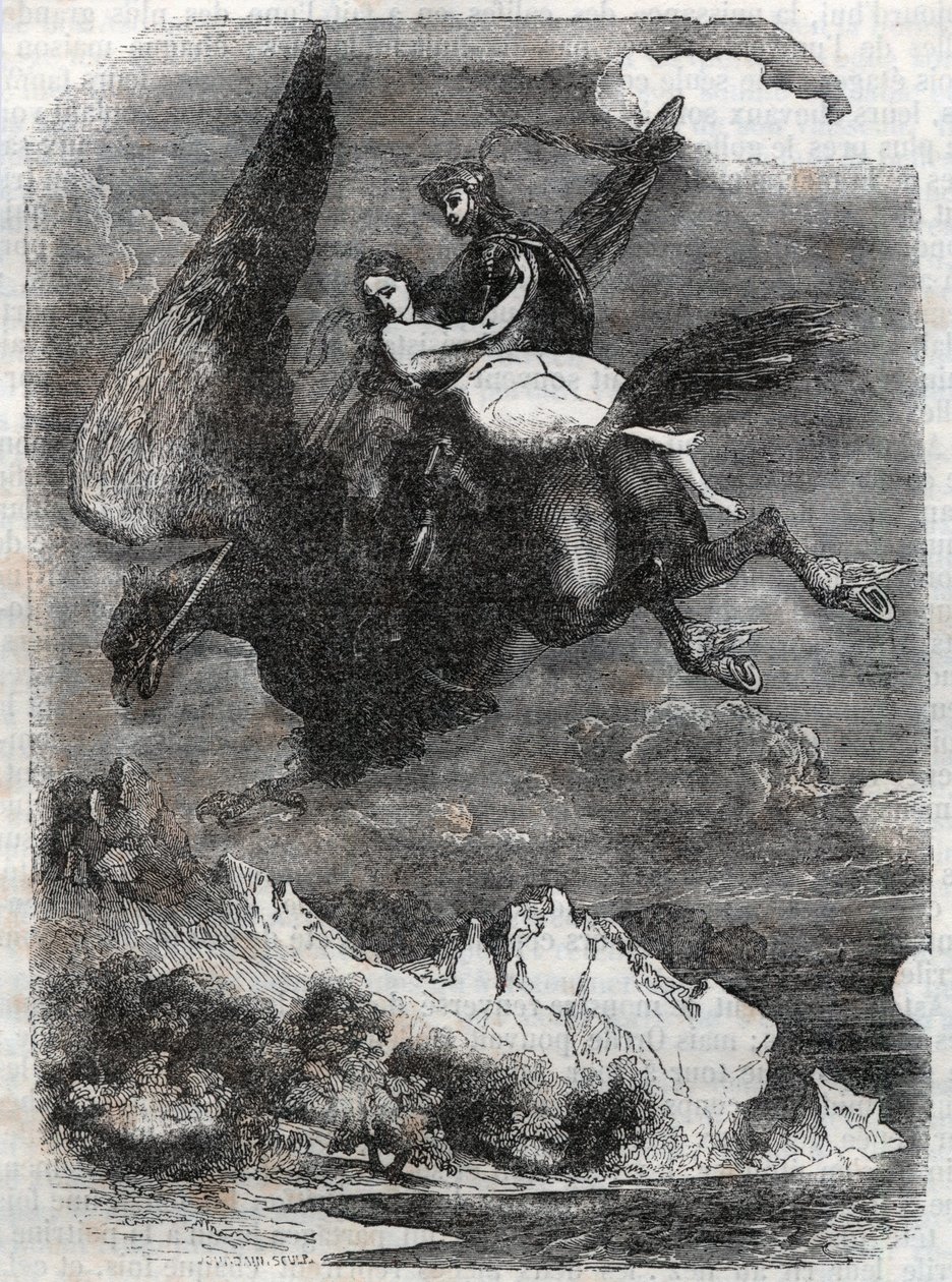 Roger (Ruggero, Ruggiero) és Angelique (Angelica) a vízilón - Ludovico Ariosto, Ariosto néven ismert "" Roland furieux" (Orlando furioso) (16. század) metszet 1851-ből - Tressan grófja olasz nyelvről fordította és tegye közzé alkotó: Unknown artist