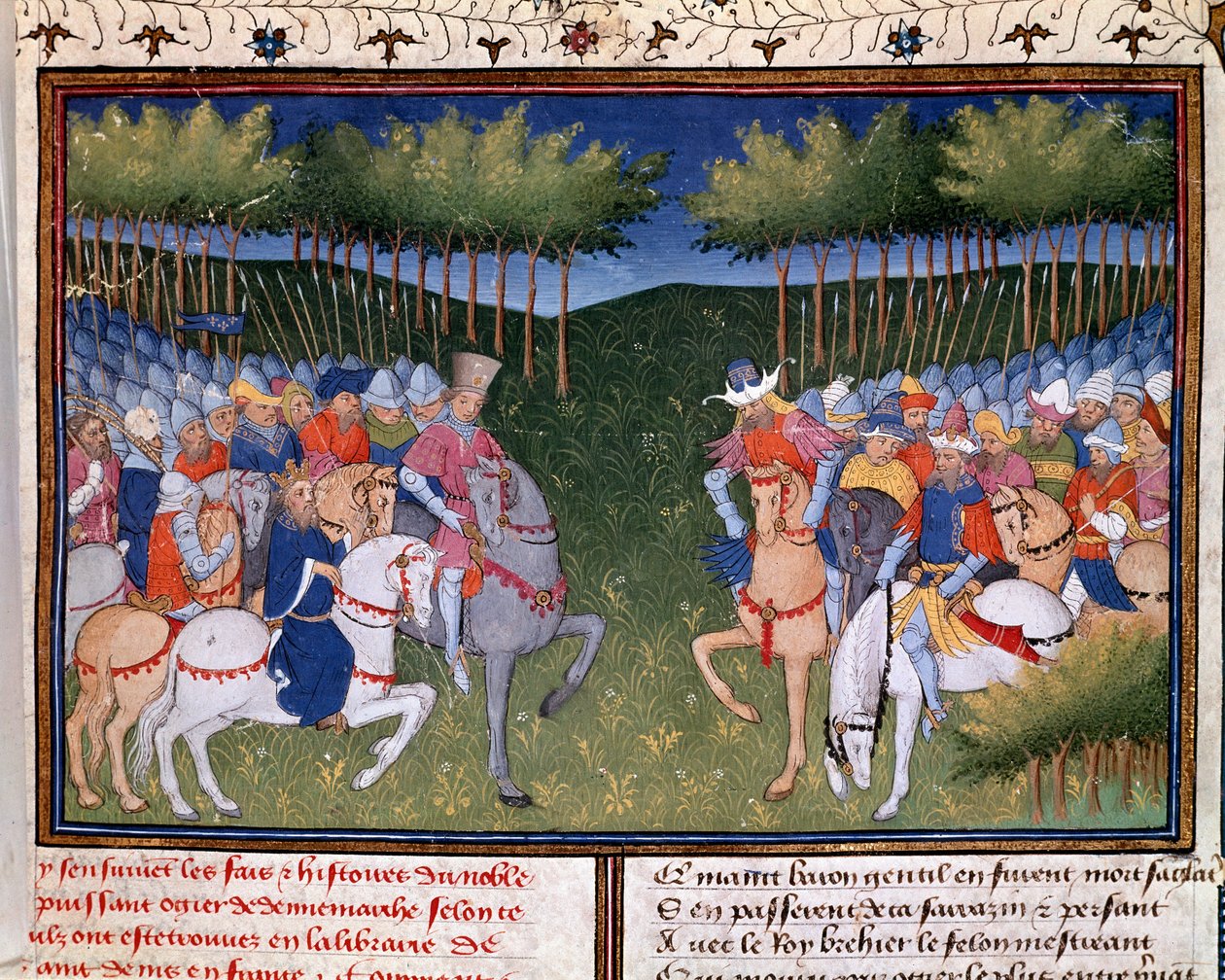 Roman, Ogier, a dán: két miniatűr lovas harca a „Bertrand du Guesclin krónikájából” (Ms 490) 1405 Musee Conde, Chantilly alkotó: Unknown artist