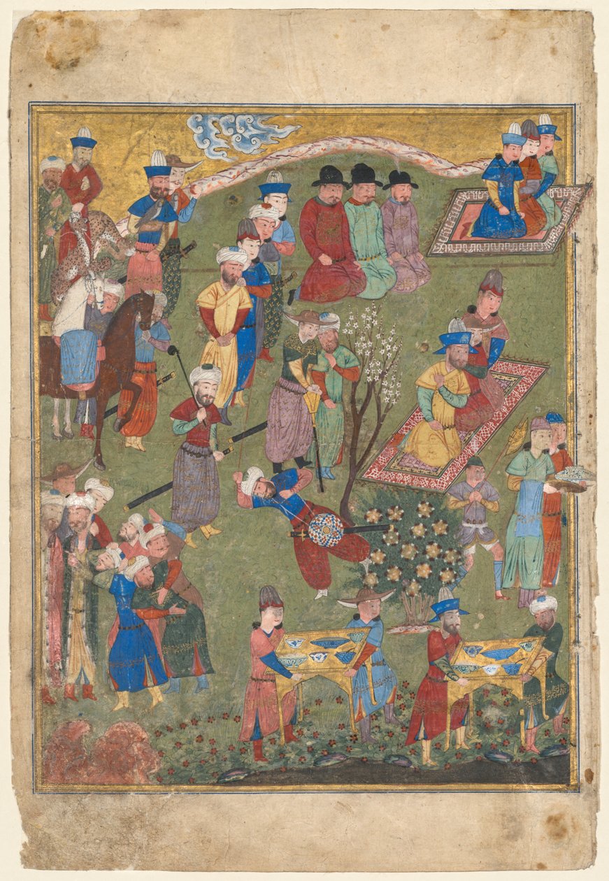 Királyi fogadás egy tájban, bal oldali fólió a firdausi (perzsa, 940–1019 vagy 1025 körül) Shahnama (Királyok könyve) kettős előlapjáról alkotó: Unknown artist