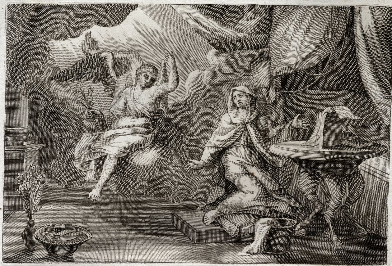 Royaumont Biblia, Újszövetség: A Szűz Angyali üdvözlete. Gábriel arkangyal azért jött, hogy üzenetet vigyen át Máriának. Illusztráció 1811-ből. alkotó: Unknown artist