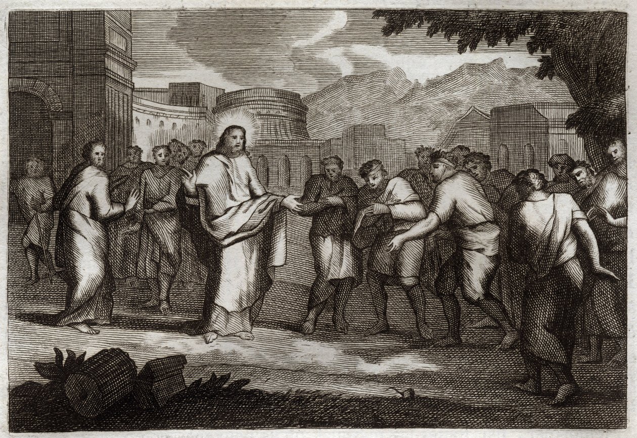 Royaumont Biblia, Újszövetség: A tíz leprás. Jézus Krisztus tíz leprás harcos. Illusztráció 1811-ből. alkotó: Unknown artist