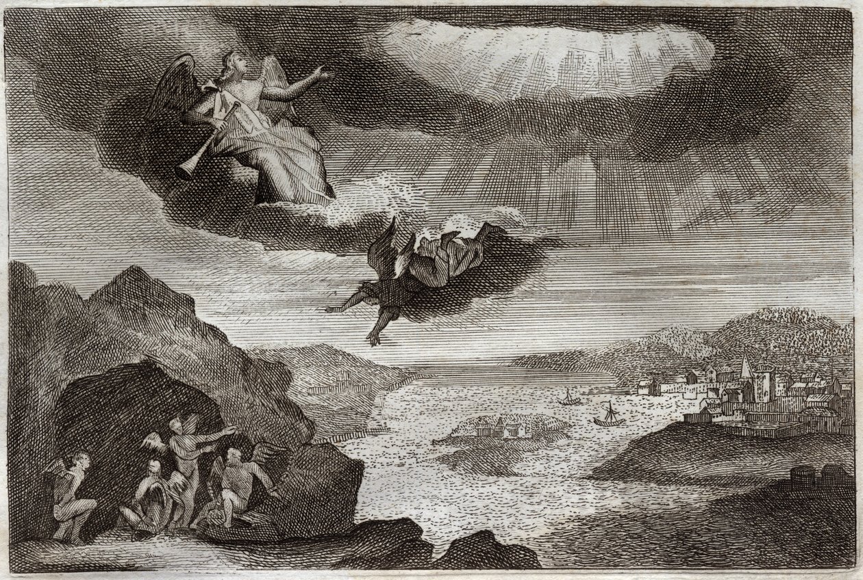 Royaumont Biblia, Újszövetség: A Jelenések könyvének ötödik és hatodik trombitája. A szöcskék és a négy angyal. Illusztráció 1811-ből. alkotó: Unknown artist