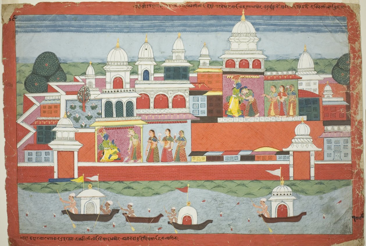 Rukmini engedélyt kér Krisnától, hogy meglátogathassa testvérét, Rukmát, oldal egy szétszórt Bhagavata Purana kéziratból alkotó: Unknown artist