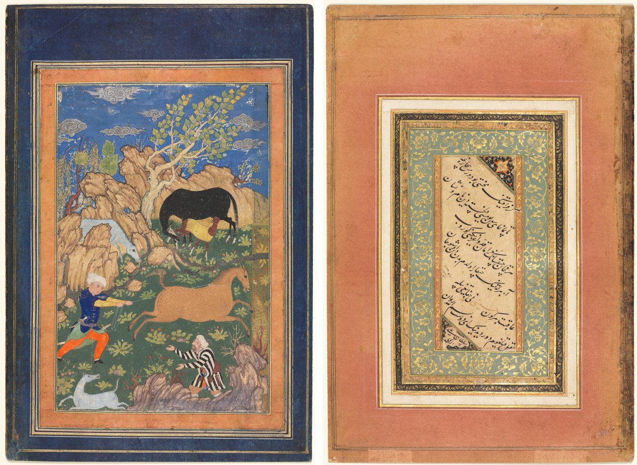 Rustam Lassoing lovat, Rakhsh, in a Landscape (recto); Kalligráfia, perzsa versek (verso) alkotó: Unknown artist