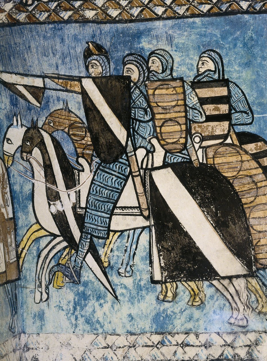 SPANYOLORSZÁG. KASZTÍLIA ÉS LEÓN. Valladolid. San Bernardo de Valbuena kolostora. Kasztíliai hadsereg, lovon lovagló keresztény katonák csoportja. XIV. sz. freskófestmény a "La Reconquista"-ról. Gótikus művészet alkotó: Unknown artist
