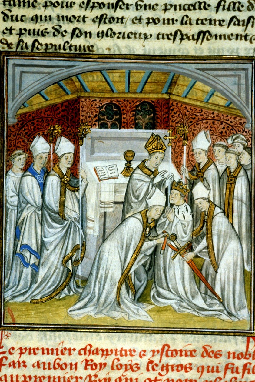 VI. Lajos szentsége (1108) – Kézirat megvilágítása a középkori „”Saint-Denis nagy krónikái”” 14. század végi velinre (ref.512) alkotó: Unknown artist