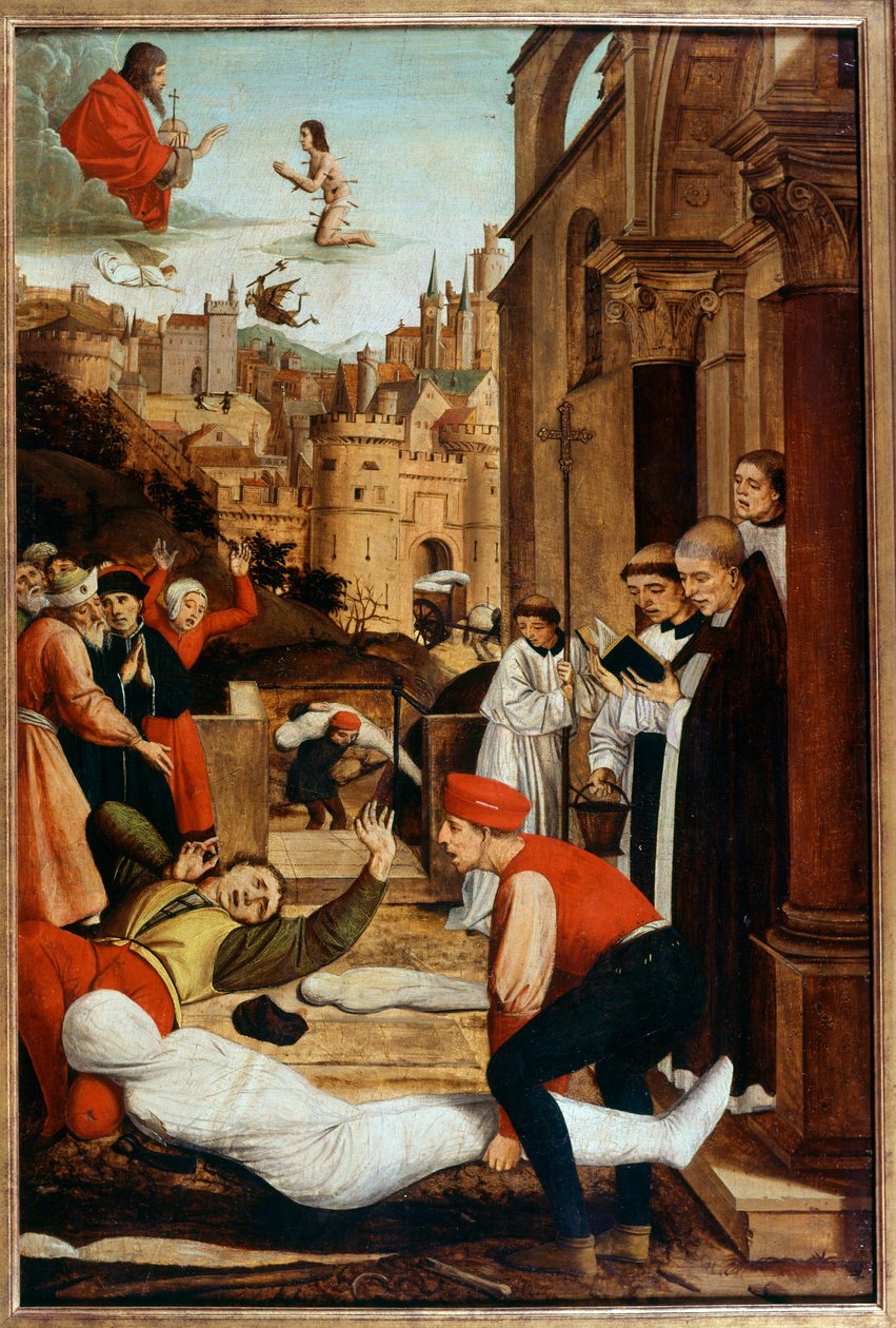Szent Ferenc a pestisjárvány idején imádkozik a holttestek temetése közben. Névtelen festmény alkotó: Unknown artist