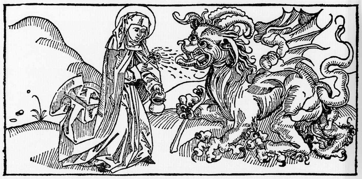 Szent Márta és a Tarasque - Metszet a „Leben der Heiligen - sommerteil” (A szent könyvéből) voragine-i Jacobus (James) (1228-1298) könyvéből. Lübeck 1488. alkotó: Unknown artist