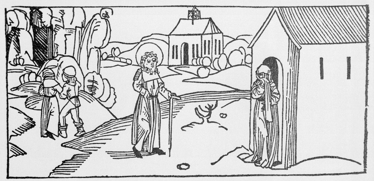 Szent Pásztor. A Voragine-i Jacobus (James) (1228-1298) metszete a „Szentek élete – nyári rész” című könyvéből (A szent könyve). Lübeck 1488. alkotó: Unknown artist