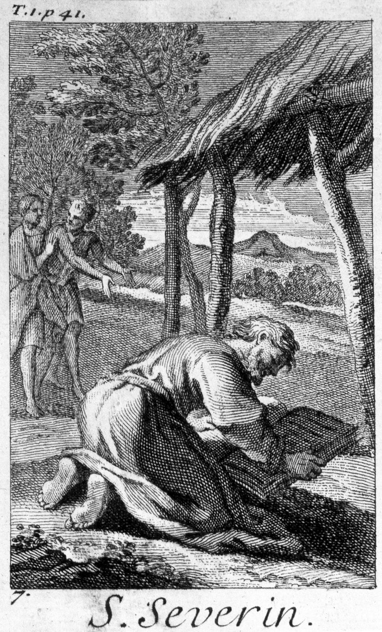 Szent Szörény, Noric (a mai Ausztria) evangélium hirdetője, olvas. 17. századi metszet. alkotó: Unknown artist