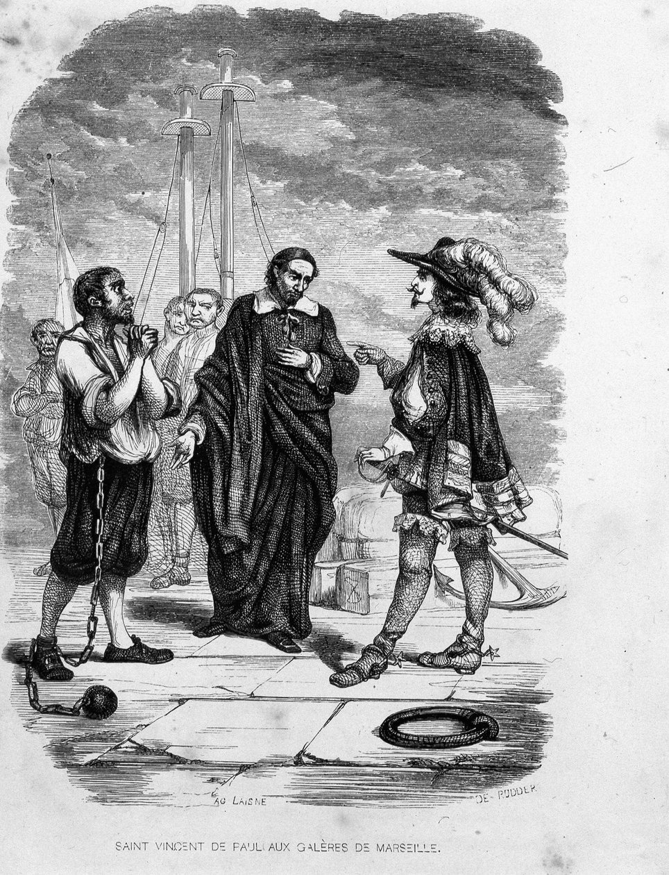 Saint Vince de Paul közbenjár egy elítélt javára egy tiszttel a marseille-i gályákon - Maurice Alhoy „” Les Bagnes: histoire, types, mors, mystique” című könyvében, szerk. Gustave Havard alkotó: Unknown artist
