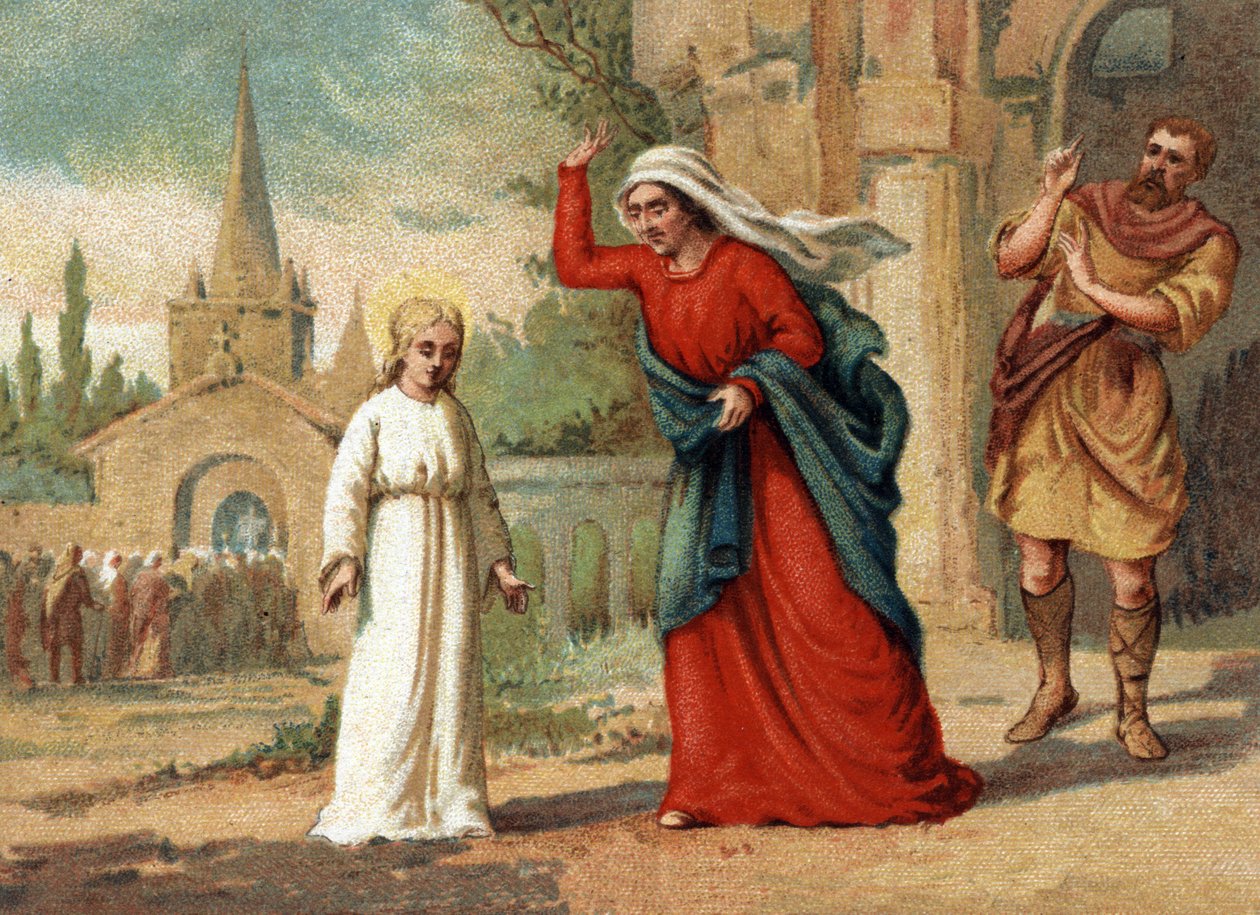 Sainte Genevieve (422-502), Párizs védőszentje, akit édesanyja bántalmazott. Kromolitográfia 1890 körül. alkotó: Unknown artist