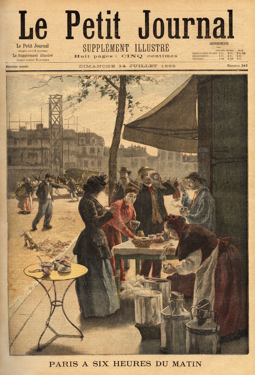 Leves- és tejkávé eladónő, reggel 6-kor a kocsma ajtaja alatt a párizsi munkások szabadtéri reggelijére. Metszet a „” Le petit journal”-ban” 1895.07.14. Selva gyűjteménye. alkotó: Unknown artist