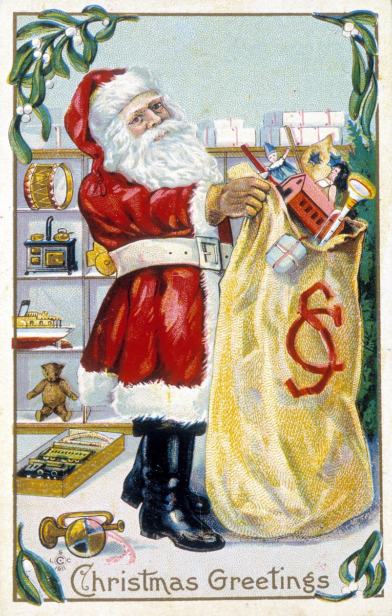 Mikulás készül ajándékok - karácsonyi kártya. Amerikai üdvözlőlap sd. század vége. alkotó: Unknown artist
