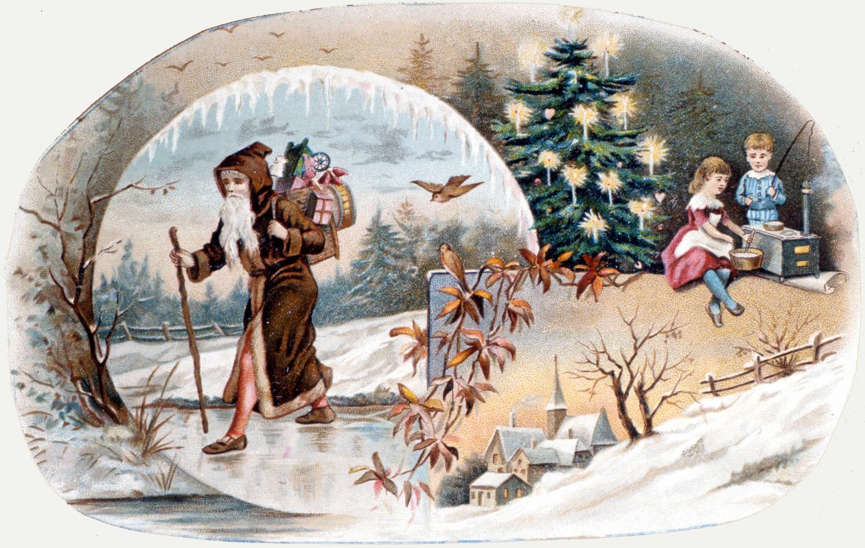 A Mikulás ajándékot hoz a gyerekeknek. század végi kromolitográfia. alkotó: Unknown artist