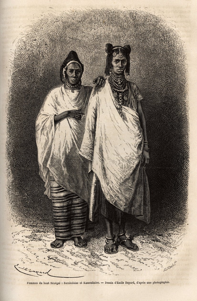 Sarakolese és Kassonkese nők, Felső-Szenegál lakossága, hagyományos ruhákban. Fleuriot de Langle admirális 1868-ban készült metsze Afrika tengerparti körútjának illusztrálására, megjelent a „Le tour du monde”” 1872-ben, szerkesztette Edouard Charton alkotó: Unknown artist